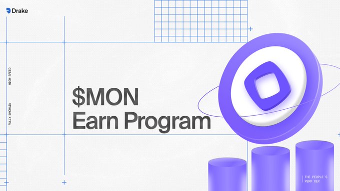 A promotional banner for the "$MON Earn Program" featuring a stylized purple coin/token graphic and the Drake exchange logo, with text noting a $100k MON rewards pool distributed over 4 weeks alongside Drake points for traders.