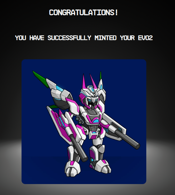 A screen displays 'CONGRATULATIONS! YOU HAVE SUCCESSFULLY MINTED YOUR EV02' above an image of a pink and white mecha robot.