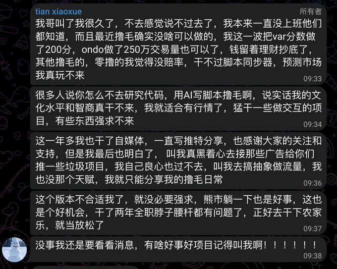 This image appears to be a screenshot of a chat conversation where the speaker expresses cynicism about crypto projects, referencing "Project teams embezzling funds" and "Project teams dumping airdrops to fleece the community" in a bear market setting. The text details a year of self-media and a desire to take a break from the crypto space due to health issues.