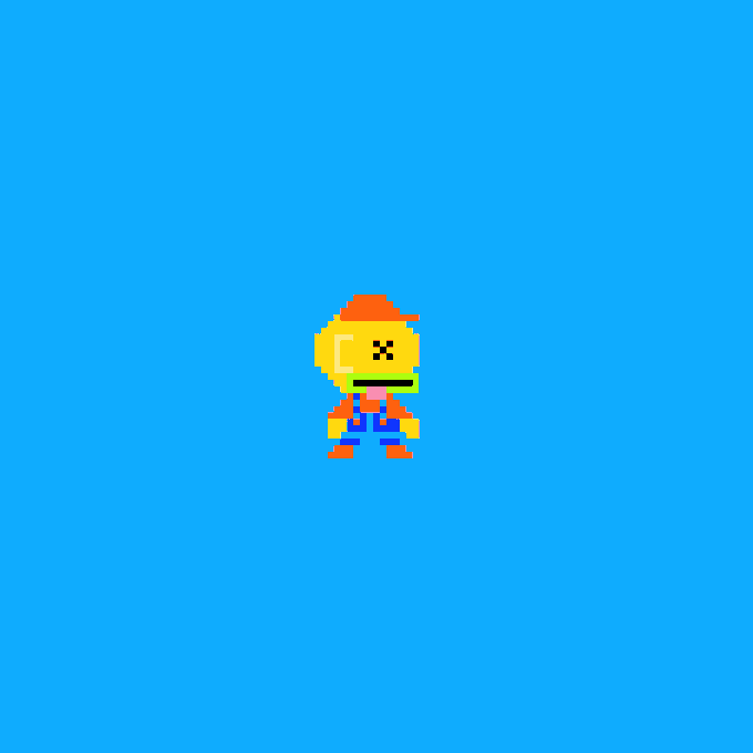 A pixel art character with yellow skin, an orange hat, and a red bandana standing against a blue background.