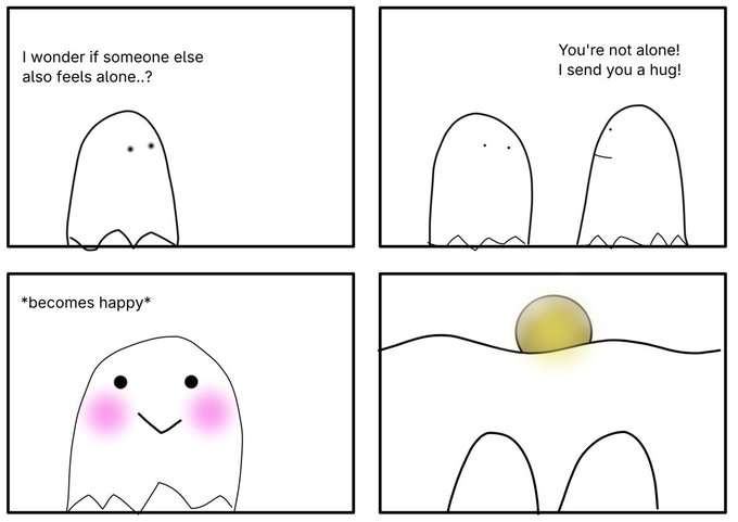 A four-panel comic featuring simple blob characters: one wonders 'I wonder if someone else also feels alone..?' and another responds 'You're not alone! I send you a hug!' causing the first to blush and '*becomes happy*' as they watch a sunset together.