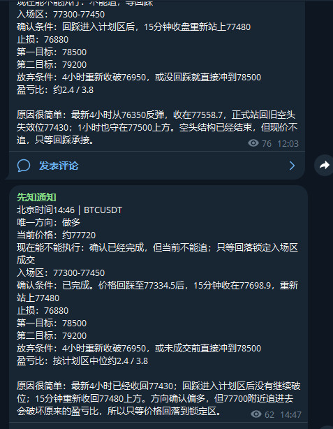 Chinese cryptocurrency trading messages for BTCUSDT discussing entry zones around 77300-77450, targets at 78500 and 79200, with profit ratios of 2.4/3.8.