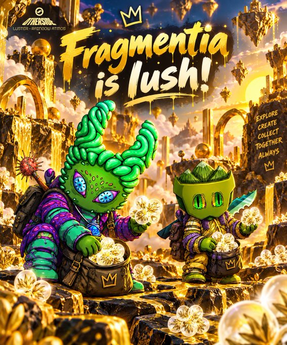 A vibrant promotional artwork for "Fragmentia is lush!" featuring two green alien-like characters collecting glowing crystals in a golden floating world, with text reading "EXPLORE, CREATE, COLLECT, TOGETHER ALWAYS."