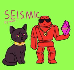 A cartoon illustration on a green background features a black cat wearing a gold "GMIC" collar next to a red robot character holding a purple gem, with the text "SEISMIC by Donut."