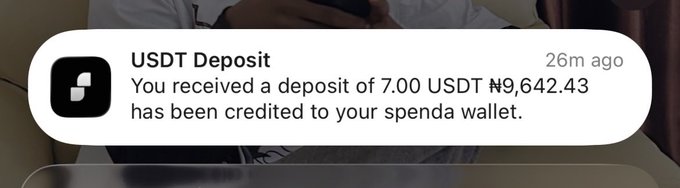 A smartphone notification shows a USDT Deposit: 'You received a deposit of 7.00 USDT ₦9,642.43 has been credited to your spendr wallet.' marked 26m ago.