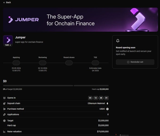 A cryptocurrency launchpad page for 'Jumper - super-app for onchain finance,' showing funding stages (Applying, Reviewing, Round closes, TGE) and a $2M target / $3M hard cap with USDC on Ethereum Mainnet.