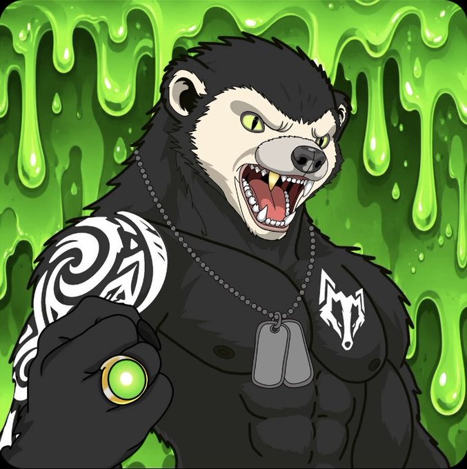 Cartoon illustration of an anthropomorphic black bear with sharp teeth and fangs, wearing dog tags, tribal tattoos, and a green gem ring, against a dripping green slime background.
