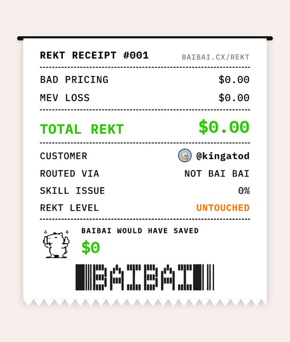 A digital receipt titled 'REKT RECEIPT #001' with all charges ($0.00) and the total 'REKT' in green, listing the customer as '@kingatod', routed via 'NOT BAI BAI', with 0% skill issue, 'UNTOUCHED' REKT level, and 'BAIBAI WOULD HAVE SAVED $0'.