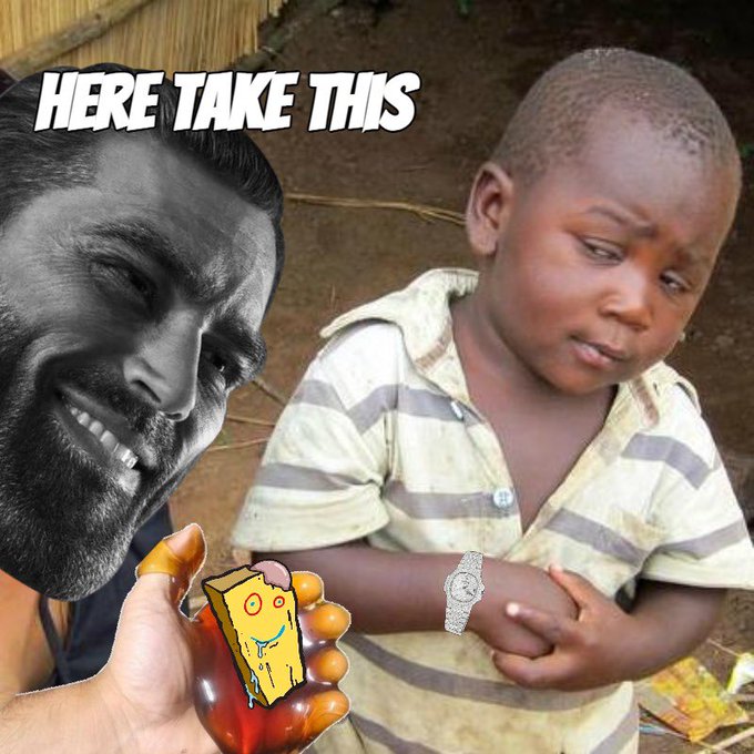A meme image with text 'HERE TAKE THIS' showing a black-and-white photo of a man offering a hot dog to a young African boy, with a cartoon crying hot dog and a watch photoshopped in.