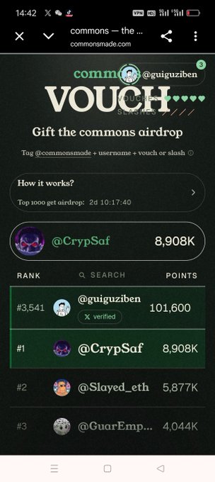 A mobile screenshot from commonsmade.com shows a leaderboard for the "VOUCH" airdrop campaign, with @guiguziben ranked #3,541 with 101,600 points and @CrypSaf in the lead at #1 with 8,908K points, while the top 1000 receive the airdrop in 2 days, 10:17:40. This visual supports the accompanying post's instructions on how to earn points by vouching for other users to climb the rankings and qualify for the commons airdrop.