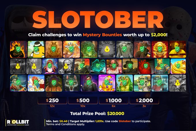 A promotional banner for "SLOTOBER" on Rollbit, advertising Mystery Bounties worth up to $2,000 with a Total Prize Pool of $20,000 and various challenge icons.
