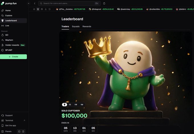 A pump.fun Leaderboard screenshot shows a green character wearing a purple cape and a gold crown, with text reading 'SOLO CUPTOBER $100,000' and a countdown timer.