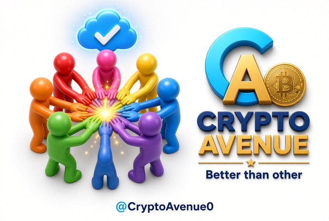 A promotional graphic for 'CRYPTO AVENUE' with the tagline 'Better than other,' featuring a Bitcoin coin, a cloud checkmark icon, colorful figures joining hands around a glowing burst, and the handle '@CryptoAvenue0'.