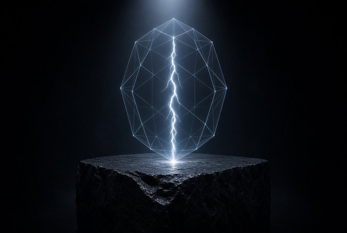 A geometric wireframe polyhedron sits atop a dark stone pedestal, illuminated by a striking vertical bolt of blue-white lightning at its center against a black background. The image visually represents the post's theme of post-quantum cryptography (PQLN) being applied to Bitcoin's Lightning Network, symbolizing the disruptive cryptographic force intersecting with the structured, mathematical framework of the network.