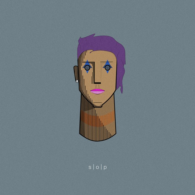 The image features a stylized hand-drawn punk character with purple hair, diamond-shaped blue eyes, pink lips, and a small earring against a blue-gray background, with the text "s|o|p" displayed at the bottom—matching the "shadesofpunks" branding mentioned in the post to celebrate successful NFT project sales.