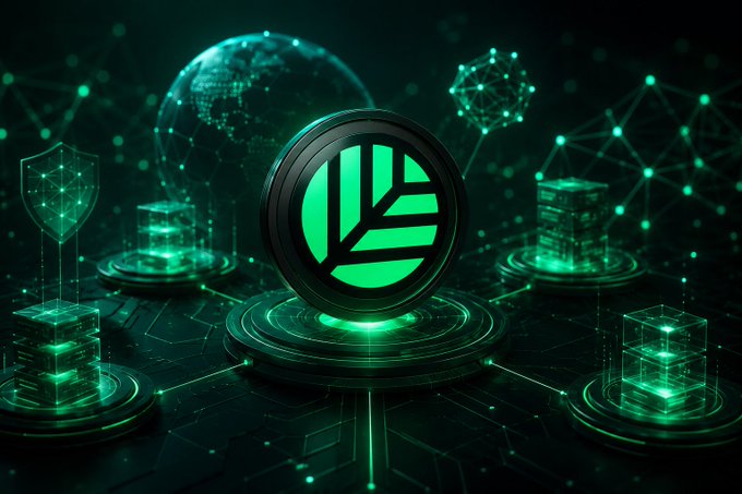 A glowing green leaf emblem sits at the center of a high-tech digital scene featuring a holographic globe, security shield, server stacks, and interconnected data nodes, symbolizing a secure and expanding blockchain ecosystem. The futuristic imagery aligns with the post's praise for @CNPYNetwork's steady product development and ecosystem growth.