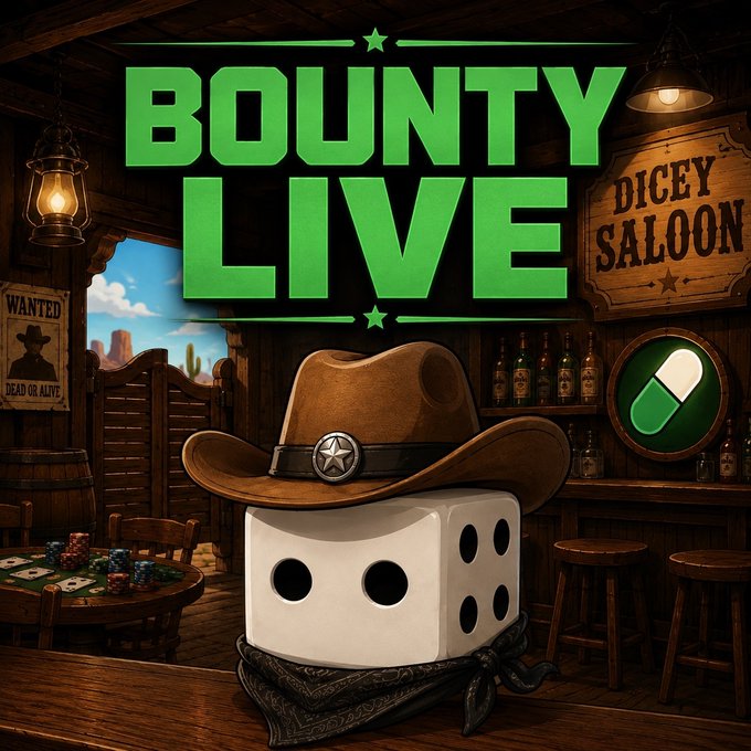 A Western-themed promotional graphic for 'BOUNTY LIVE' featuring a dice character wearing a cowboy hat and bandana in a 'Dicey Saloon' setting with gambling tables and wanted posters.