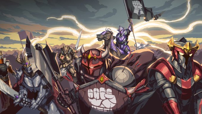 An illustration of a medieval army of armored knights and warriors standing together with lightning in the background.