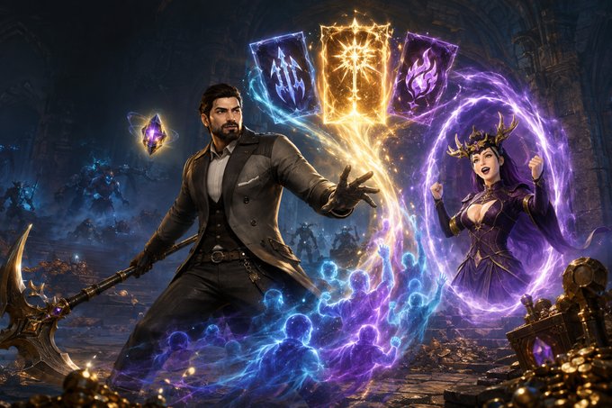 A bearded warrior wielding a glowing axe stands alongside a horned sorceress casting purple magic, with three mystical cards hovering above them in a treasure-filled dungeon. The fantasy imagery visually represents the "Creator Rally" promotion for Lost Relics, depicting the magical gameplay and treasure-hunting adventure that streamers can share with their community.