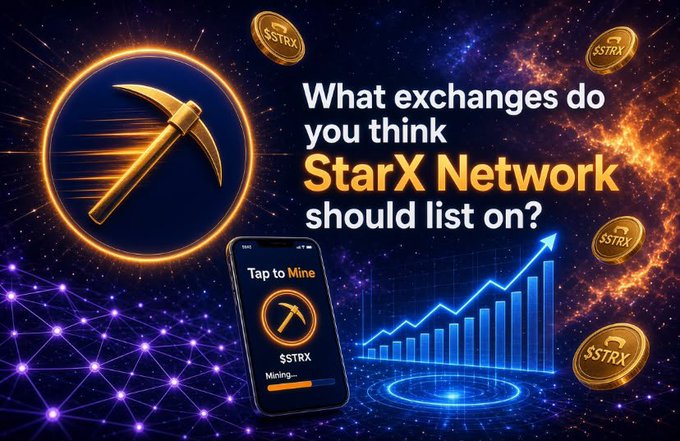 A promotional graphic for 'StarX Network' ($STRX) cryptocurrency featuring a pickaxe mining symbol, asking 'What exchanges do you think StarX Network should list on?' with an upward trending chart.