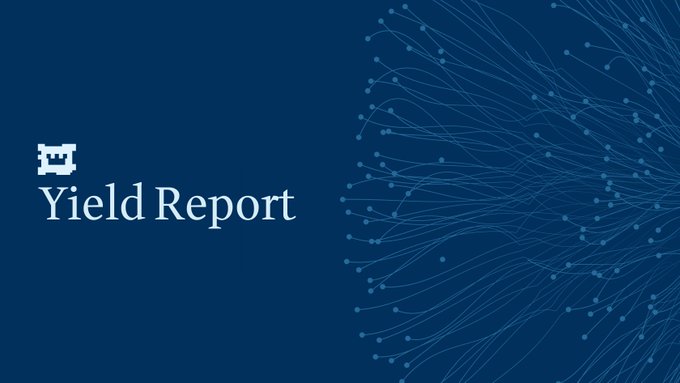 A dark blue graphic titled "Yield Report" featuring a small pixel-art robot icon next to the text, with an abstract network of flowing lines and dots spreading across the right side—serving as the header image for the July Mid-Month Yield Report covering CRV emissions, RAAC pool returns, and iREET/pmUSD TVL growth.