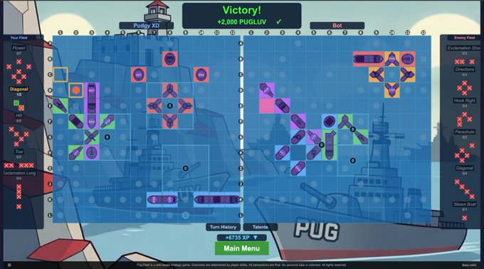 A victory screen from a PUG-Fleet board game showing 'Victory! +2,000 PUGLUV' for 'Pugday XD' against 'Bot', with a naval-themed game board displaying ship fleets.