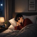 A person lying in bed at night in dim lighting, appearing contemplative while looking at a phone screen.
