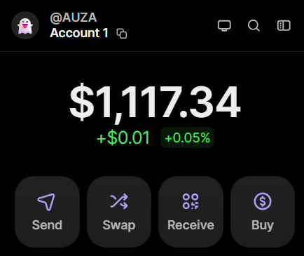 The image displays a cryptocurrency wallet interface showing an account under the handle @AUZA with a balance of $1,117.34, marked with a +$0.01 (+0.05%) gain, and features action buttons for Send, Swap, Receive, and Buy. This screenshot serves as proof of earnings to support the accompanying post's claim about making a four-figure income from Web3 in Nepal, despite the country's restrictive stance on crypto.