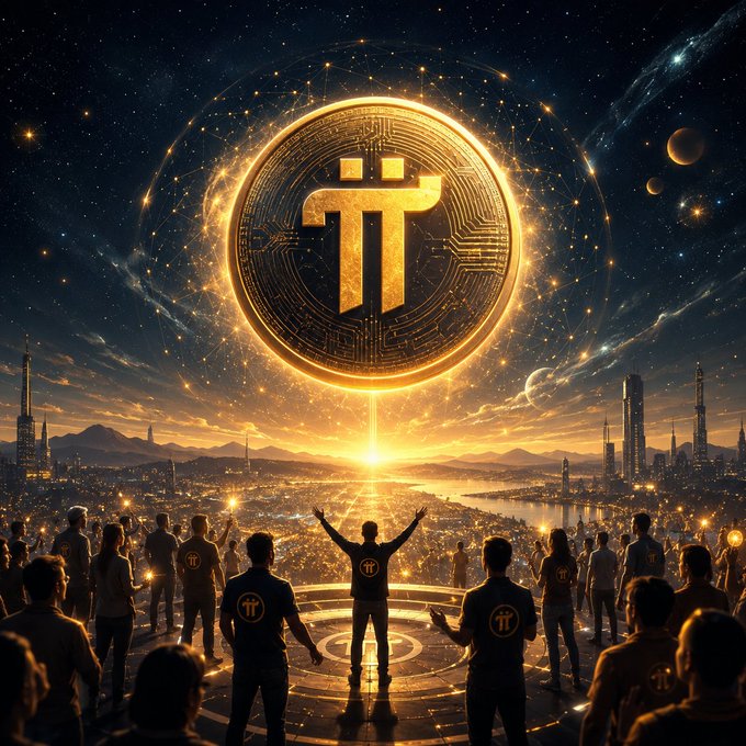 The image features a group of people standing around a large golden coin with the number "4" on it. The coin appears to be the center of attention as everyone seems to be gathered around it, possibly discussing its significance or admiring its design. The setting is an outdoor area with buildings visible in the background, suggesting that this gathering might be taking place in a city or town. The image also includes text that reads "The Strength of Pi Is Not Hidden in the Blockchain", which could be related to the golden coin's symbolic representation of Pi and its importance within the cryptocurrency world.