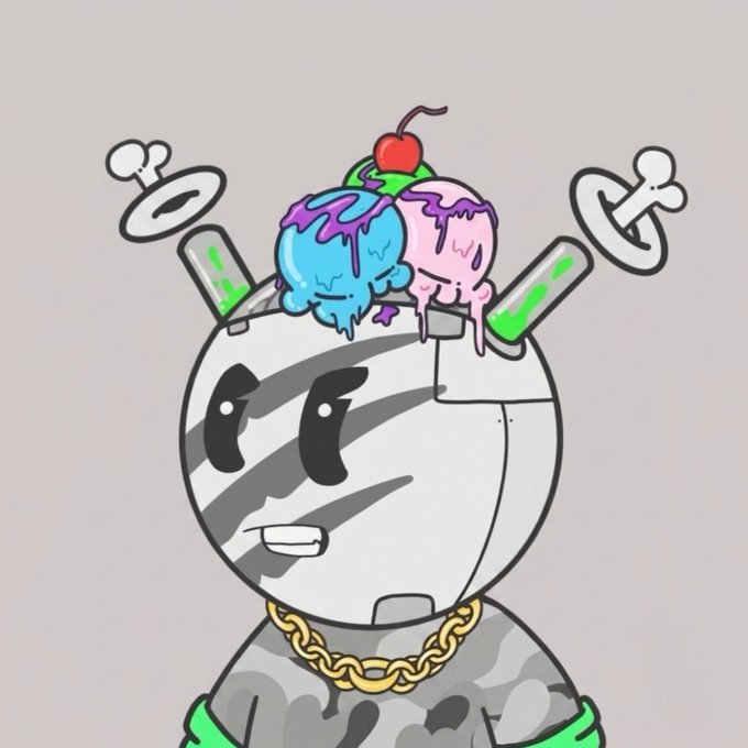 A cartoon drawing of a gray mummy-like character with a gold chain necklace, with two test tubes and ice cream scoops on top of its head.