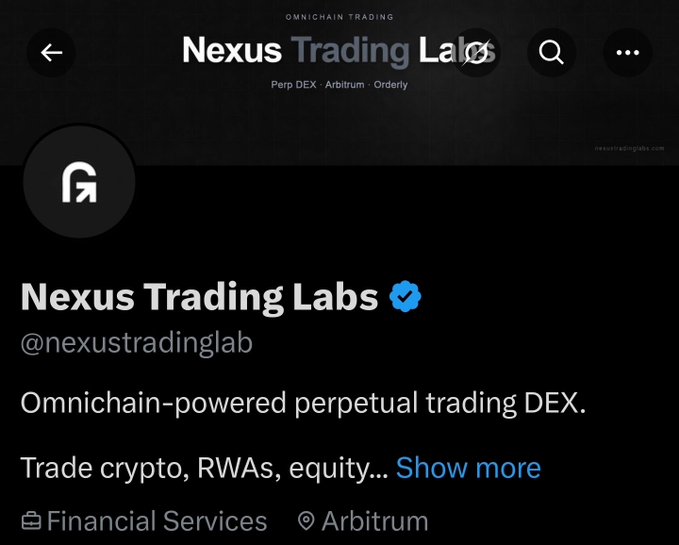 A Twitter/X profile for Nexus Trading Labs (@nexustradinglab), described as an 'Omnichain-powered perpetual trading DEX' under the Financial Services category, based in Arbitrum.