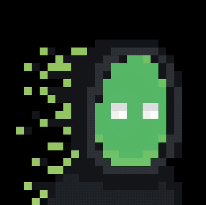 Pixel art illustration of a green alien-like creature with white eyes, dissolving into pixelated particles on its left side against a black background.