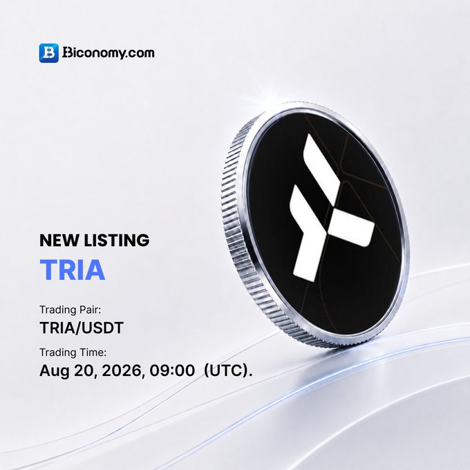 A promotional graphic from Biconomy.com announcing a new cryptocurrency listing for TRIA, with trading pair TRIA/USDT available on Aug 20, 2026, 09:00 (UTC).