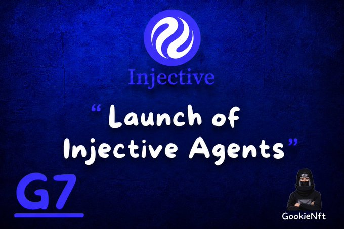 The image features a blue background with white text, which reads "Injective" followed by "Launch of Injective Agents". The text also includes a small logo for an event named "Injective Agents". A person wearing a mask is present in the image, standing behind the text.