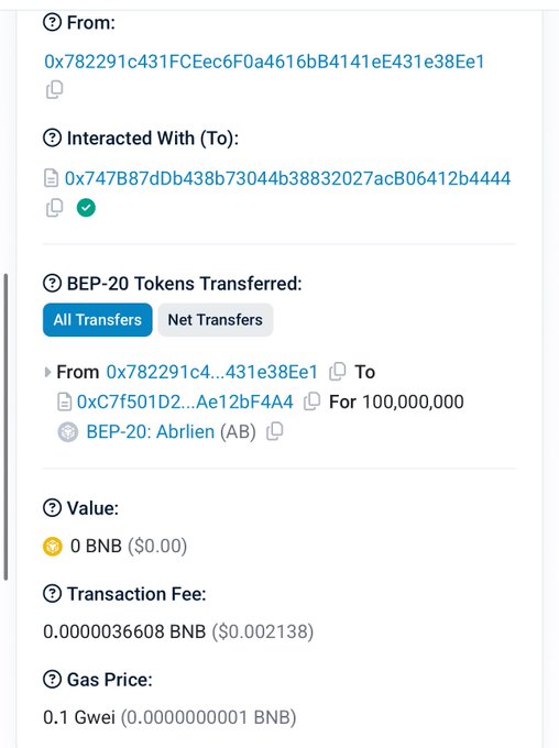 A BscScan blockchain transaction record showing a BEP-20 transfer of 100,000,000 Abrilen (AB) tokens between two wallet addresses, with a transaction fee of $0.002138.