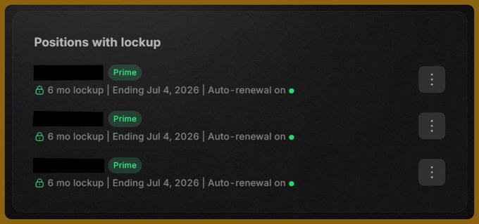A dark UI panel showing 'Positions with lockup' listing three redacted stock positions with Prime tags, 6-month lockup ending July 4, 2026, and auto-renewal enabled.