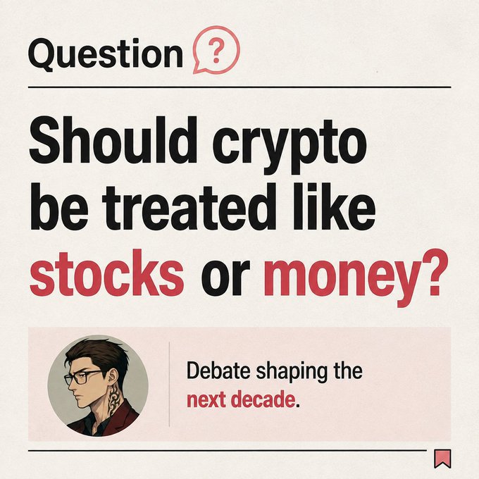 A graphic titled "Question" poses the central debate: "Should crypto be treated like stocks or money?" featuring an illustrated avatar and the tagline "Debate shaping the next decade," visually reinforcing the post's discussion on the U.S. Crypto Clarity Act and its potential to classify assets like Bitcoin and Ethereum as commodities.