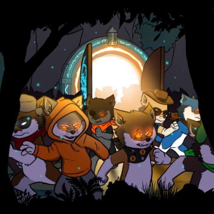 A group of evil-looking cartoon wolves and dogs with glowing eyes stand menacingly before a glowing portal, including one with a Batman logo belt and another in a hoodie. The caption references $LOBO, suggesting the meme portrays aggressive memecoin holders, though the imagery is unrelated to any LOBO-related media.