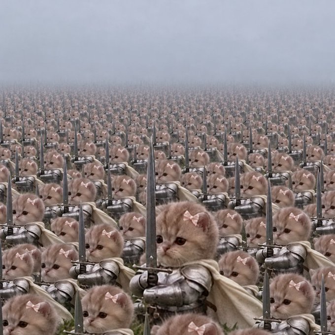 A vast army of kittens dressed in medieval armor with capes and holding swords stretches endlessly across a foggy landscape.
