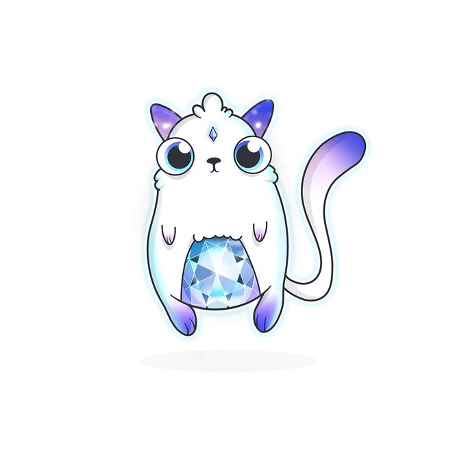 A cartoon white cat with purple-tipped ears, paws, and tail clutches a glowing blue diamond gem to its belly—the iconic CryptoKitties mascot, a pioneering 2017 Ethereum NFT project that helped launch the NFT movement.