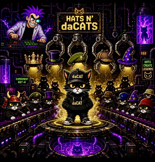 Pixel art illustration for 'HATS N' daCATS' showing a central black cat wearing a hat and hoodie labeled 'daCAT', surrounded by other cats in various hats, robotic arms holding different headwear, and a purple-haired character at a control panel.
