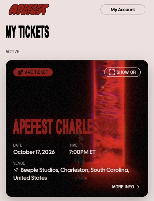 Mobile ticket interface for APEFEST CHARLESTON showing an active 'APE TICKET' with date October 17, 2026 at 7:00PM ET at Beeple Studios, Charleston, South Carolina.