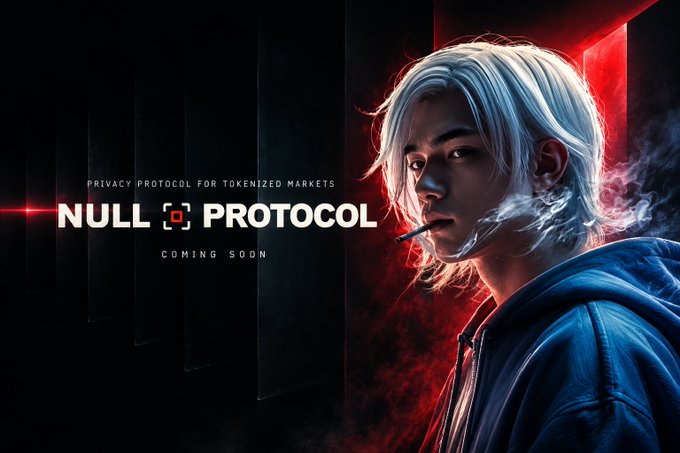 A promotional banner for "NULL PROTOCOL" — tagged "Privacy Protocol for Tokenized Markets" and "Coming Soon" — features a white-haired, smoking figure emerging from shadows and red backlighting, visually reinforcing the post's message about hiding users' on-chain financial activity from public view on Robinhood Chain.
