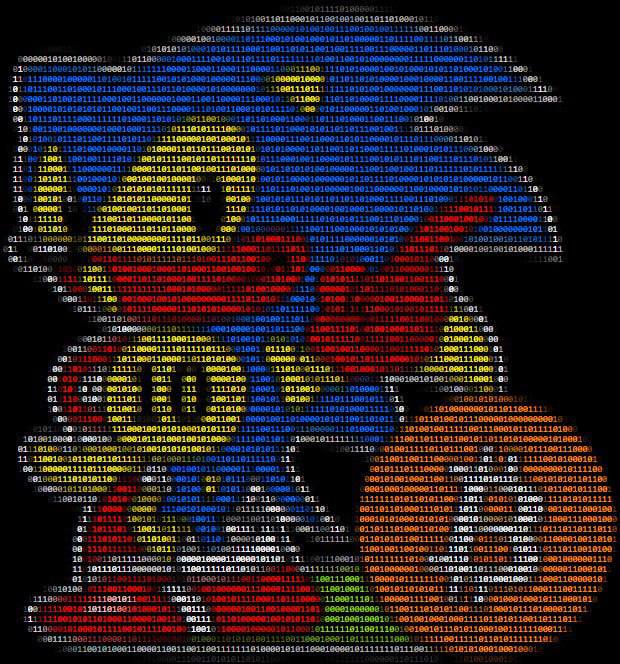 A pixelated digital portrait of a person is created entirely from binary code (0s and 1s) in white, red, yellow, and blue text on a black background.