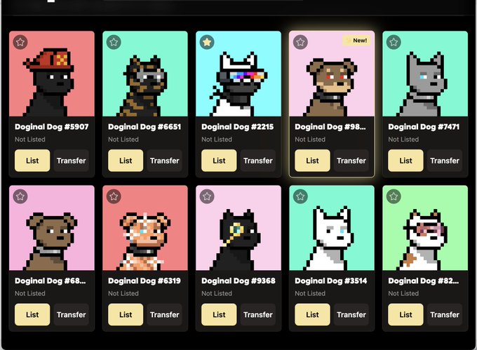 A collection of pixel art dog NFT collectibles labeled 'Doginal Dog' with various numbered IDs (#5907, #6651, #2215, #98..., #7471, #68..., #6319, #9368, #3514, #82...), each marked 'Not Listed' with 'List' and 'Transfer' options below.