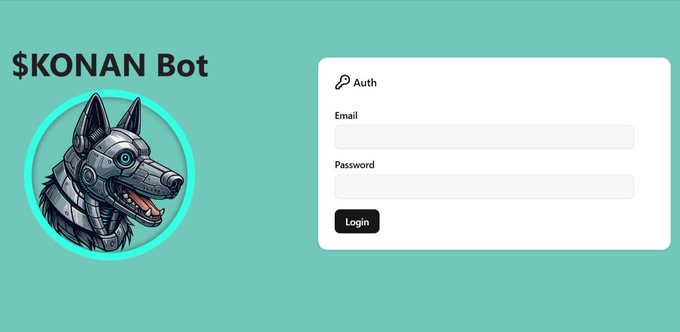 A login screen for the '$KONAN Bot' featuring a robotic dog mascot on a teal background, with an 'Auth' panel containing Email and Password fields next to a Login button.