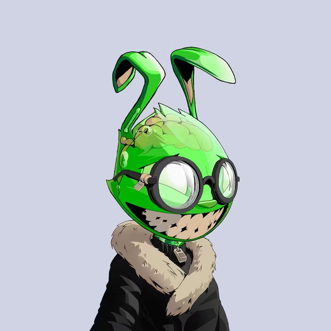 A digital illustration of an NFT-style character featuring a green alien-like head with antennae, round glasses, a wide toothy grin, and a black jacket with a fur collar.