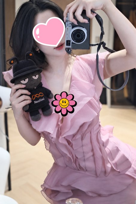 A mirror selfie of a woman in a pink ruffled dress holding a camera and a NeoSoul plush toy, with pink heart and flower emojis covering her face and chest.