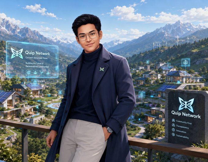 An AI-generated promotional image shows a young man in a navy coat beside 'Quip Network' branding, with futuristic holographic displays set against a mountain village landscape.