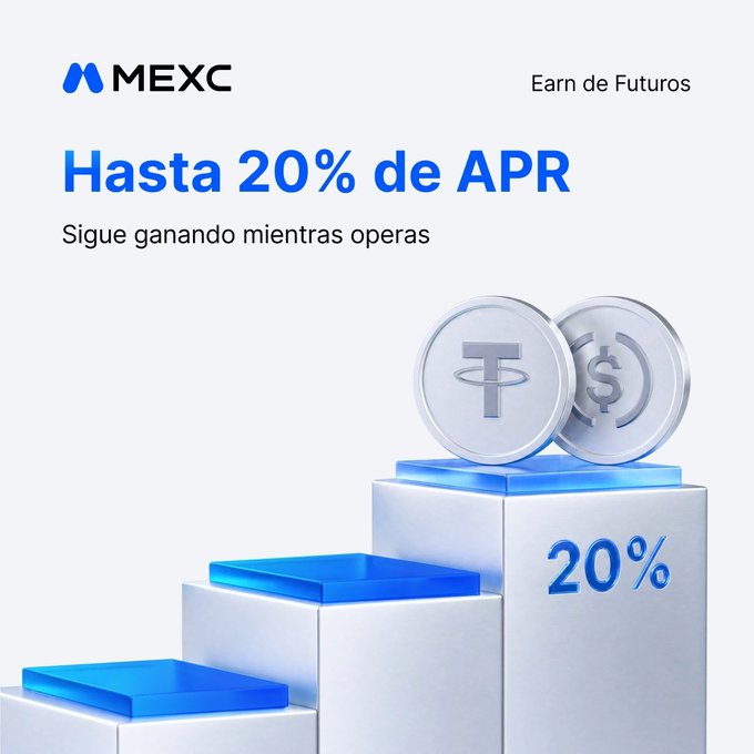 A MEXC promotional graphic for 'Earn de Futuros' featuring the Spanish text 'Hasta 20% de APR' and 'Sigue ganando mientras operas,' with images of Tether and USDT coins on a blue and white podium displaying 20%.